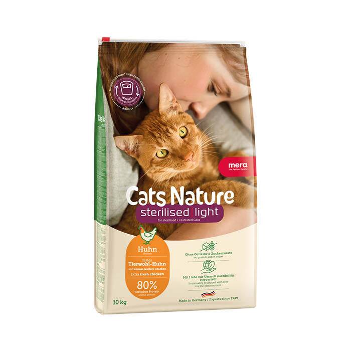 10kg grainfree catfood mera cats nature sterilised light chicken, spannmålsfri kattmat för steriliserade och kastrerade katter